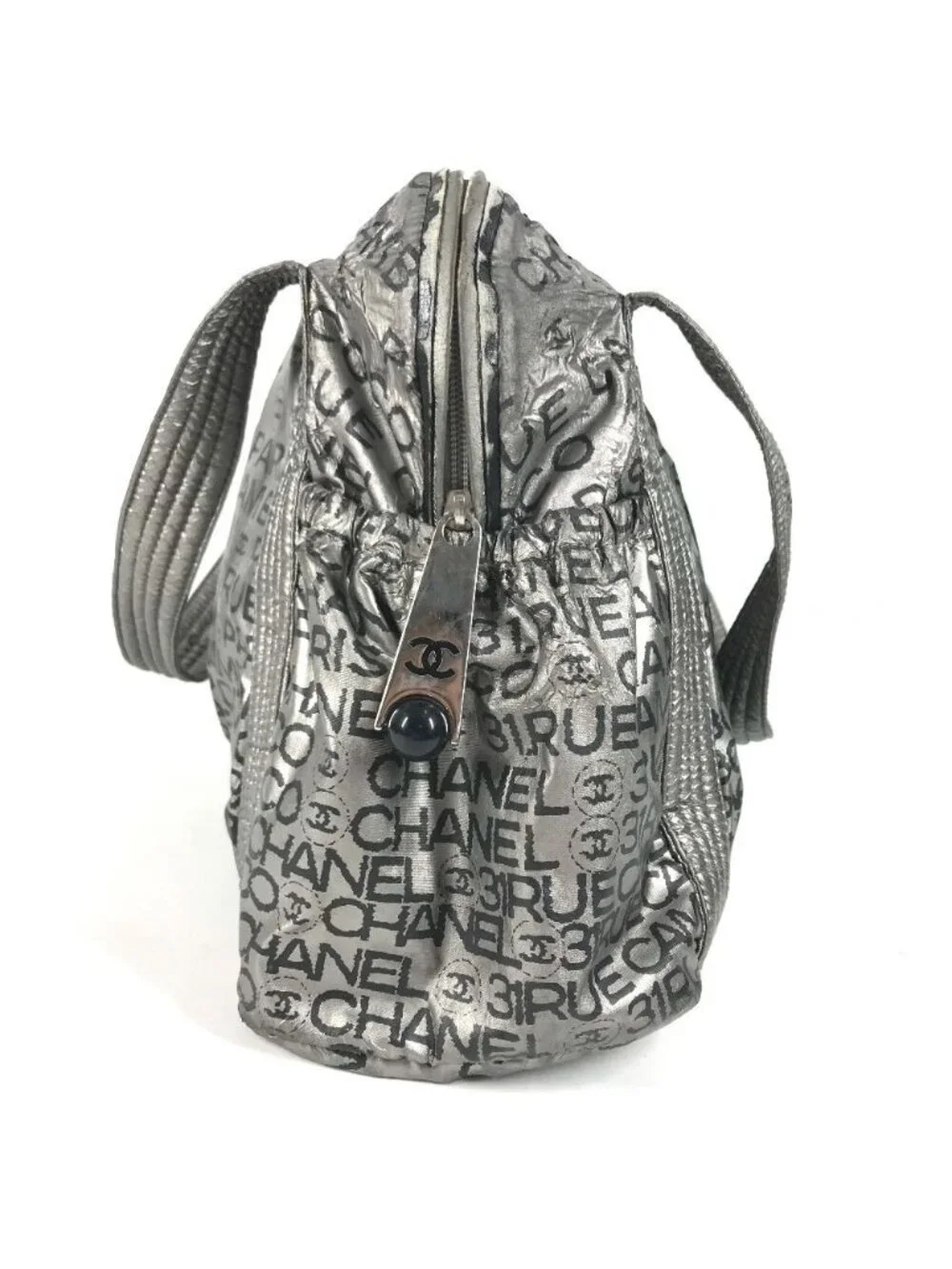 Chanel Boston Bag CC Logo Nylon Canvas Silver